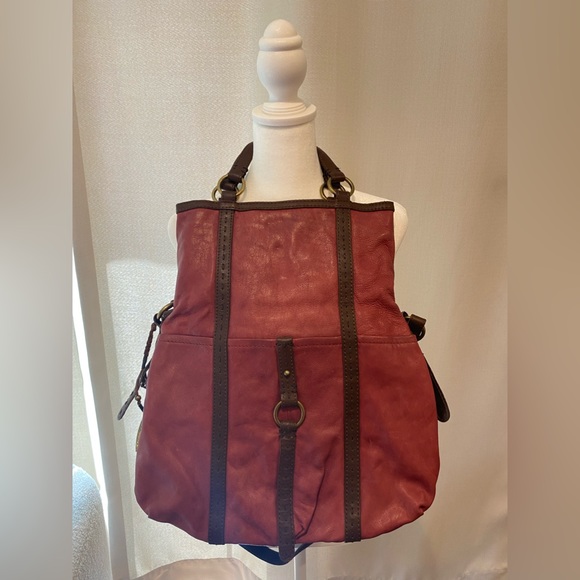 Lucky brand brown/burgundy shoulder satchel bag with stripped colored lining - Picture 10 of 12